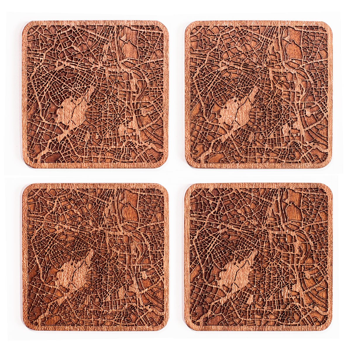 New Delhi Map Coaster by O3 Design Studio, Set Of 4, Sapele Wooden Coaster With City Map, Handmade