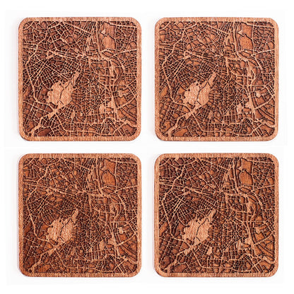 New Delhi Map Coaster by O3 Design Studio, Set Of 4, Sapele Wooden Coaster With City Map, Handmade