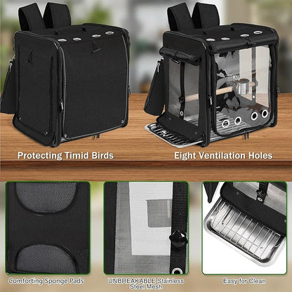 Bird Carrier with Seat Belt for Car Travel, Bird Backpack Carrier with Indestructible Stainless Steel Mesh, Large Bird Carrier Travel Cage, Black