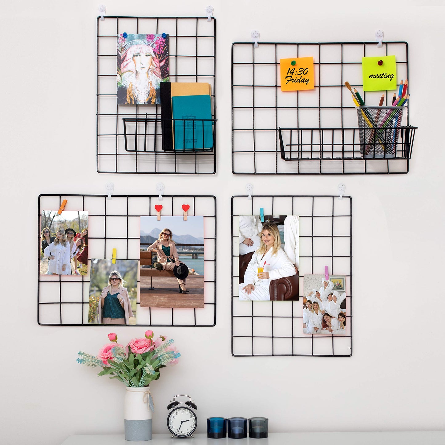 ODOXIA 4-Pack Wire Wall Grid Panel | Photo Grid Wall Decor | Metal Board for Hanging Pictures | Black Wire Organizer for Home, Office & Kitchen | Panel for Display & Storage