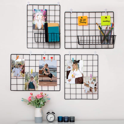 ODOXIA 4-Pack Wire Wall Grid Panel | Photo Grid Wall Decor | Metal Board for Hanging Pictures | Black Wire Organizer for Home, Office & Kitchen | Panel for Display & Storage