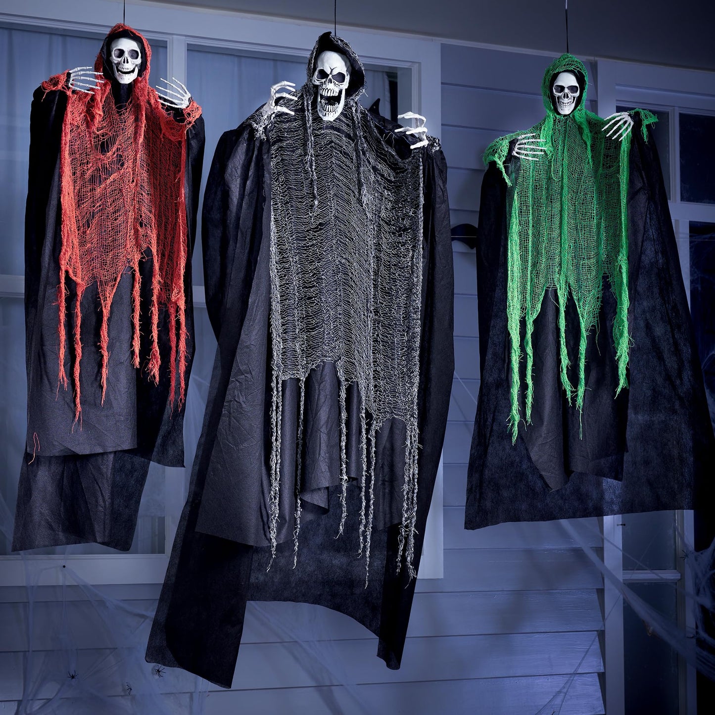 JOYIN 3 Pcs Halloween Hanging Grim Reapers, one 63” Two 47” Grim Reapers, Halloween Skeleton Outdoor Decoration Flying Ghost for Haunted Haunted House Prop, Party Supplies Decor