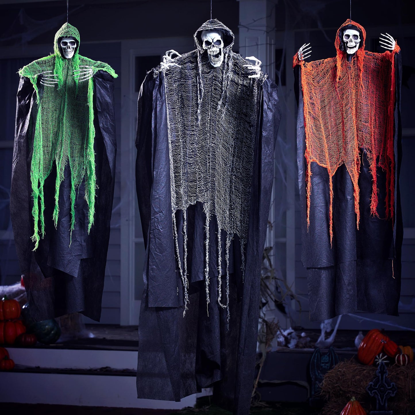 JOYIN 3 Pcs Halloween Hanging Grim Reapers, one 63” Two 47” Grim Reapers, Halloween Skeleton Outdoor Decoration Flying Ghost for Haunted Haunted House Prop, Party Supplies Decor