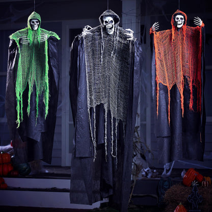 JOYIN 3 Pcs Halloween Hanging Grim Reapers, one 63” Two 47” Grim Reapers, Halloween Skeleton Outdoor Decoration Flying Ghost for Haunted Haunted House Prop, Party Supplies Decor