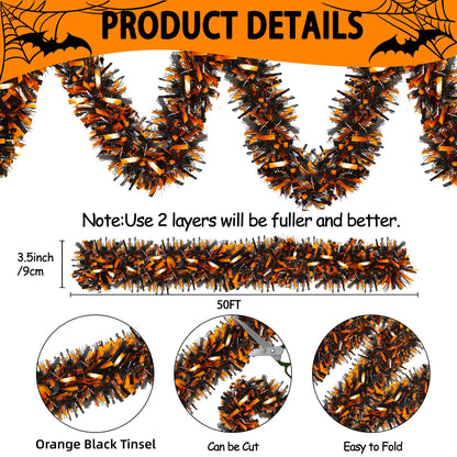 Halloween Decorations, 50FT Halloween Tinsel Garland Shiny Orange Black Metallic Twist Hanging Garland for Indoor Outdoor Home Tree Stairs Party Decorations