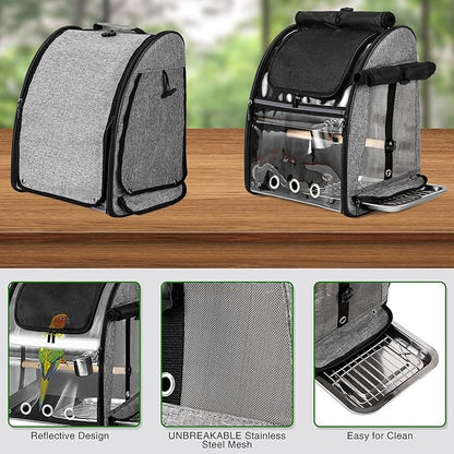 Bird Carrier Bag with Indestructible Stainless Steel Mesh, Bird Travel Cage with Stand, Easy to Clean Backpack for Parrot, Portable Bird Travel Bag, Grey