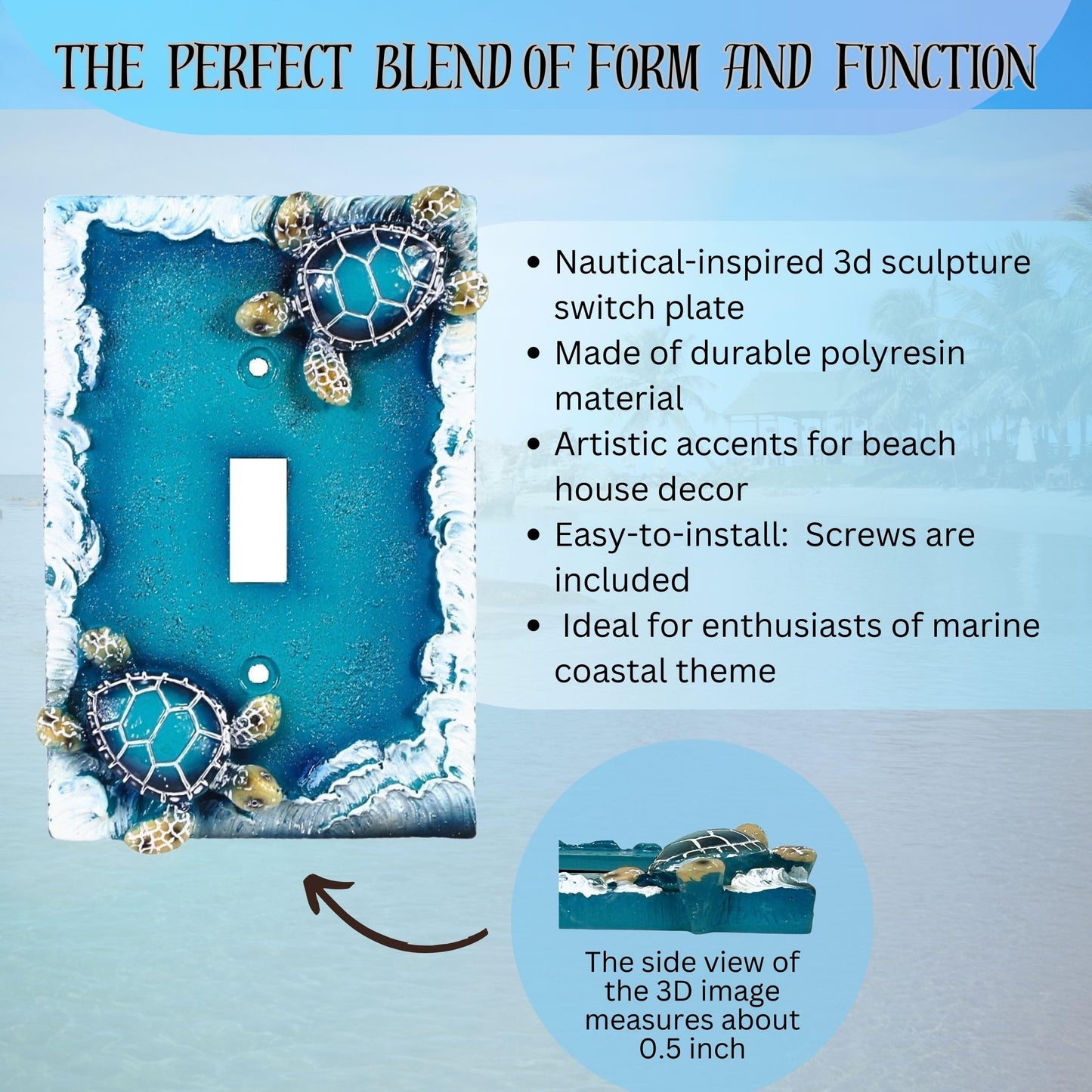 Nautical Single Toggle Switch Cover (1 Gang) with Sea Turtle and Ocean Waves Design, Beach Theme Decorative Light Switch Plate and Coastal Home Décor