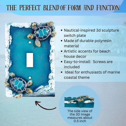Nautical Single Toggle Switch Cover (1 Gang) with Sea Turtle and Ocean Waves Design, Beach Theme Decorative Light Switch Plate and Coastal Home Décor