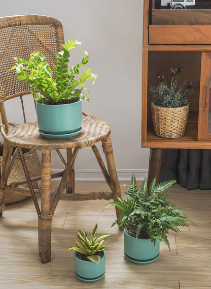 LE TAUCI Ceramic Plant Pots, 4.3+5.3+6.8 inch, Set of 3, Planters with Drainage Hole and Saucer, Indoor Flower Pot with Hole Mesh Pad, Gifts for Mom, Aqua