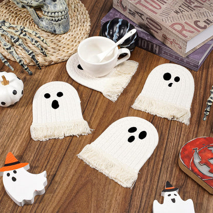 Whaline Halloween Ghost Cotton Coasters Cute White Ghost Shape Handmade Braided Drink Coasters with Tassel Absorbent Cup Mats for Trick or Treat Party Home Table Decor, Set of 4