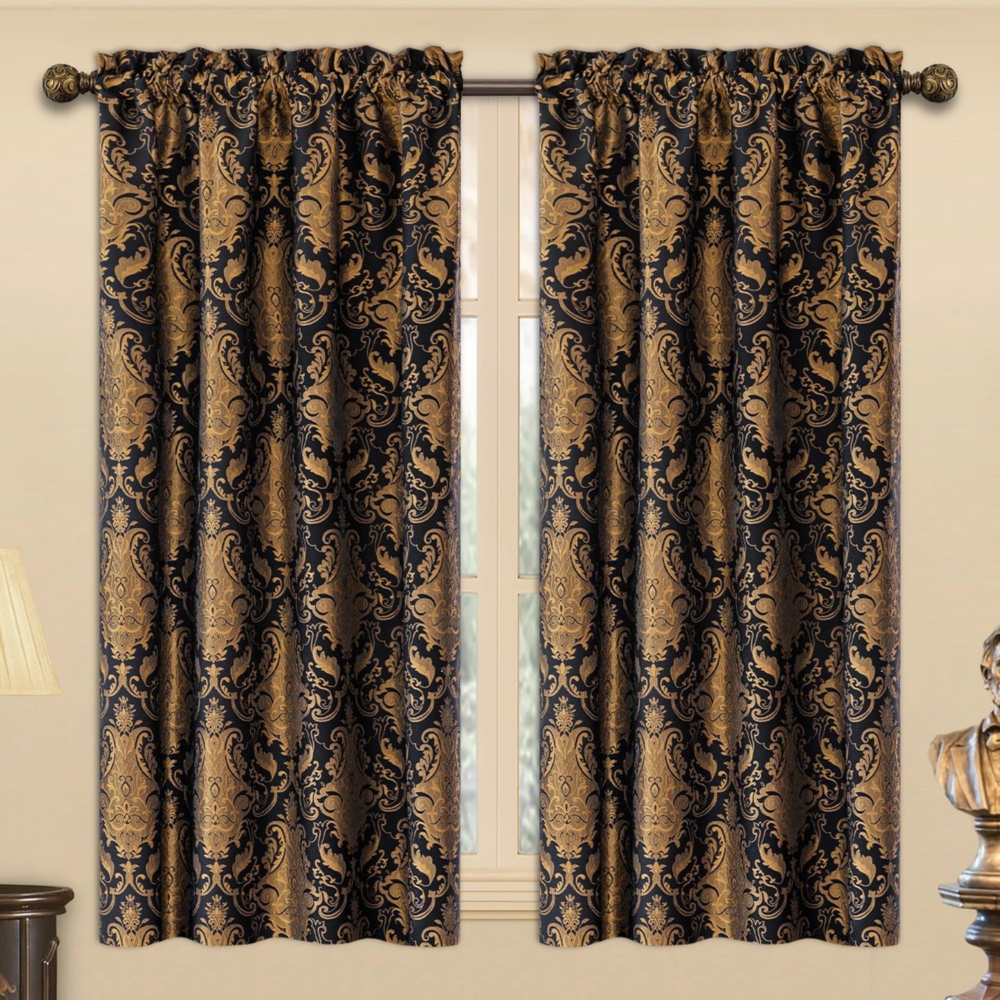 Loom and Mill Luxury Black Damask Curtains for Bedroom, Textured Lined Jacquard Curtains 2 Panels with Tiebacks, Window Curtain for Living Room Banquet Halloween Decor, Rod Pocket(42”x 63”, 2 Panels)