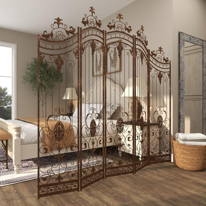 Deco 79 Metal Partition Room Divider Screen Hinged Foldable Arched Partition 5 Panel Privacy Screen with Relief Acanthus Design, Room Partition 80" x 1" x 80", Bronze