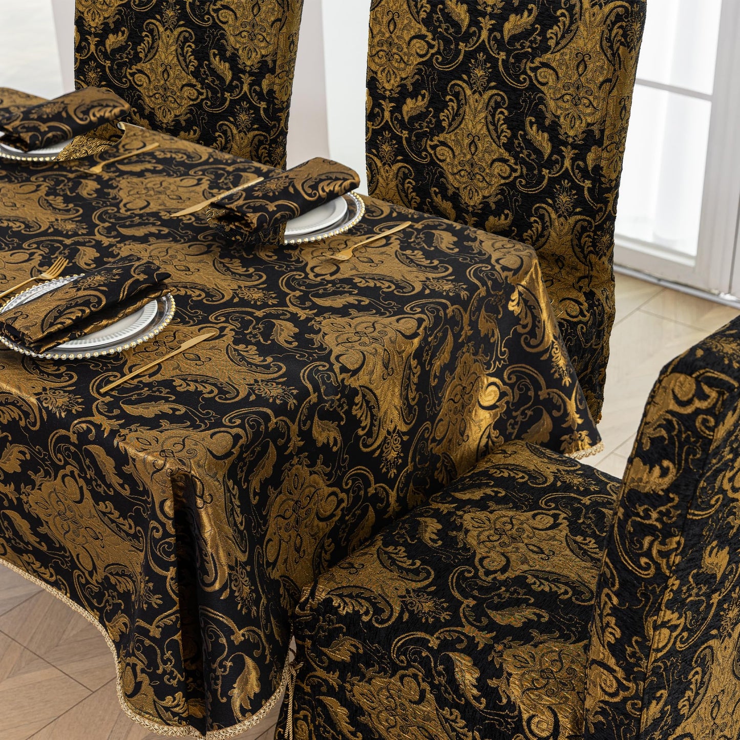 Loom and Mill 1 Piece Luxury Dining Chair Cover, Classic Damask Jacquard Dining Room Parsons Chair Covers with Tassels & Ties, Non Slip Full Cover Protector for Halloween Holiday Party Decor(Black)