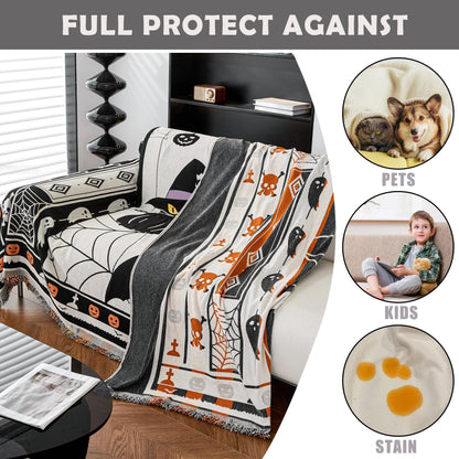 EVENHUG Halloween Theme Sofa Covers with Tassels Reversible Couch Cover for Pets Dogs Halloween Home Decoration Sofa Slipcover for 2-3 Cushion Couch Washable Chenille Couch Protector (71" X102")