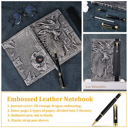 Vintage Dragon Embossed Leather Notebook DND Notebook Travel Journal with Black Ballpoint Pen and Pen Sleeve.Antique Handmade A5 Journal,Hardcover Liner,Writing Notebook Gift for Men&Women(Silver)