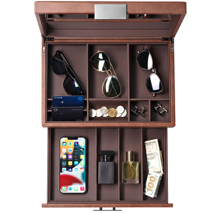 Glenor Co Mens Valet/Dresser Organizer - Luxury 12 Slot Jewelry Accessories Box, Carbon Fiber Design, Drawer Tray, Metal Buckle & Large Mirror for Men’s Watches, Sunglasses, Wallet - Pu Leather Brown
