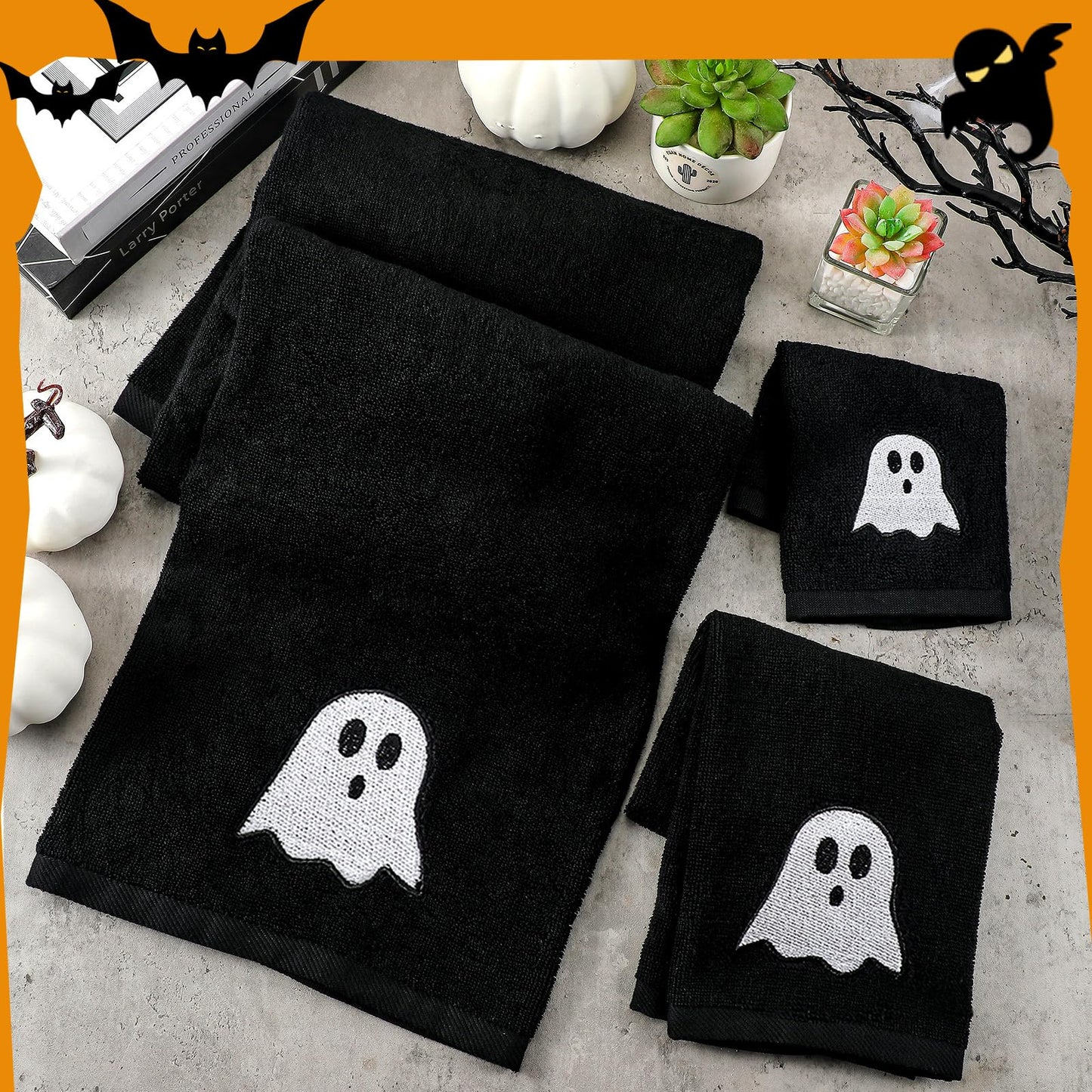 Peryiter 3 Pcs Beach Hand Towels for Bathroom Cotton Embroidered 1 Bath Towel 1 Hand Towel and 1 Wash Cloth Absorbent Bath Sheets for Bathroom Decor (Black,Halloween)