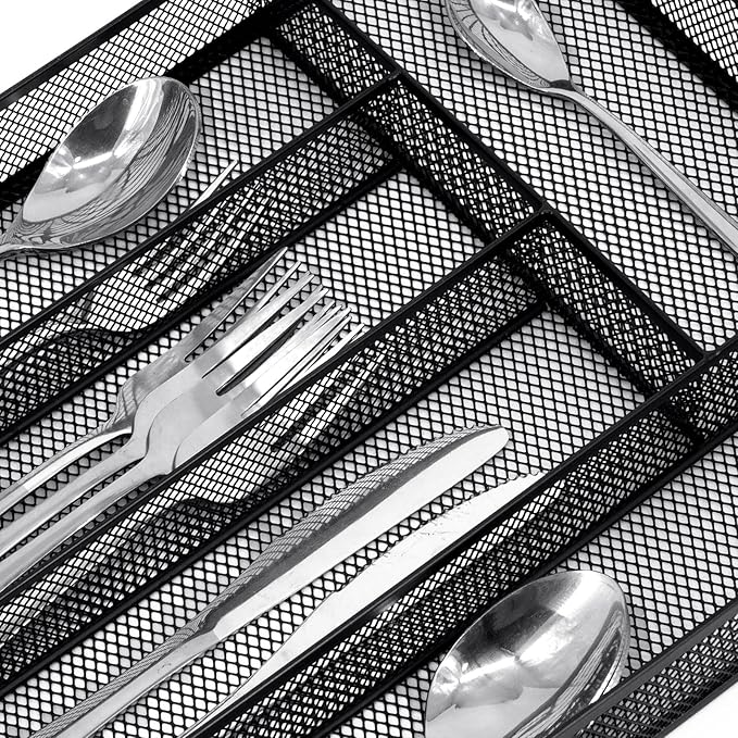 Neudeco Silverware Drawer Organizer, Black | 5 Compartment, Mesh Wire, Non-Slip Feet, Cutlery Tray