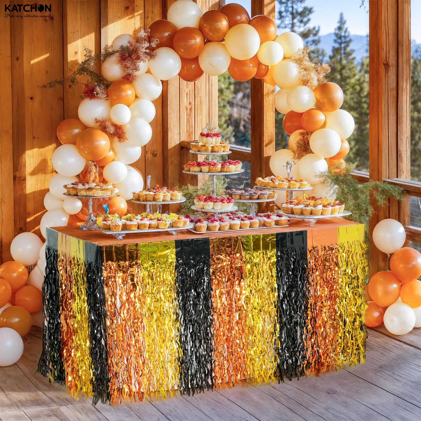 KatchOn, Black and Gold Table Fringe – Pack of 2 | Black, Gold, Orange Party Decorations | Tinsel Table Skirt Streamers for Graduation Decorations 2026 | Construction Party Decorations