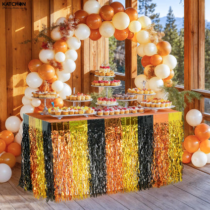 KatchOn, Black and Gold Table Fringe – Pack of 2 | Black, Gold, Orange Party Decorations | Tinsel Table Skirt Streamers for Graduation Decorations 2026 | Construction Party Decorations