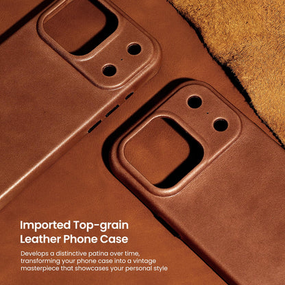 LUCKYCOIN Premium Leather Phone Case for iPhone 17 Pro 6.3in，Compatible with MagSafe & Wireless Charging，Built-in Camera Control Button，100% Full-Grain Cowhide Leather Slim Phone Case - Dark Brown