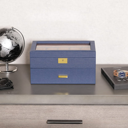 ROTHWELL 20 Slot Leather Watch box - Luxury Case Display Jewelry Organizer, - Locking Display Case Holder with Large Real Glass Top - Watch Box Organizer for Men and Women (Blue/Tan)
