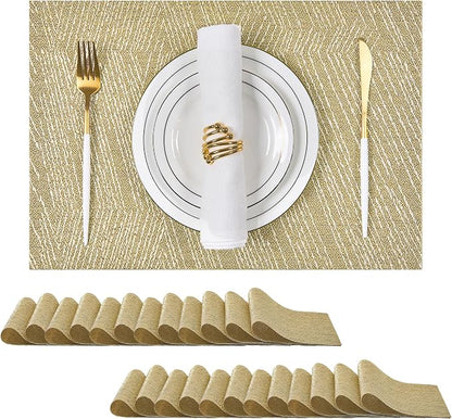 Leetaltree Gold Placemats Set of 24 - Heat Resistant Non-Slip Place mats for Dining Table, Washable Durable PVC Vinyl Woven Table Mats(Luxury Gold, 24)