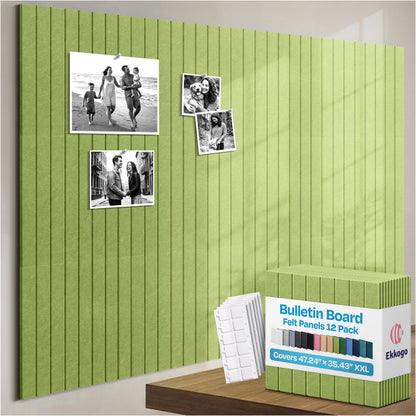 Ekkogo X-Large Cork Board Alternative 12-Pack Felt Bulletin Board Thick and Decorative Pin Board for Home Office Walls 47.24 x 35.43 Inches with 72 Adhesive Tabs - [Gin Green]