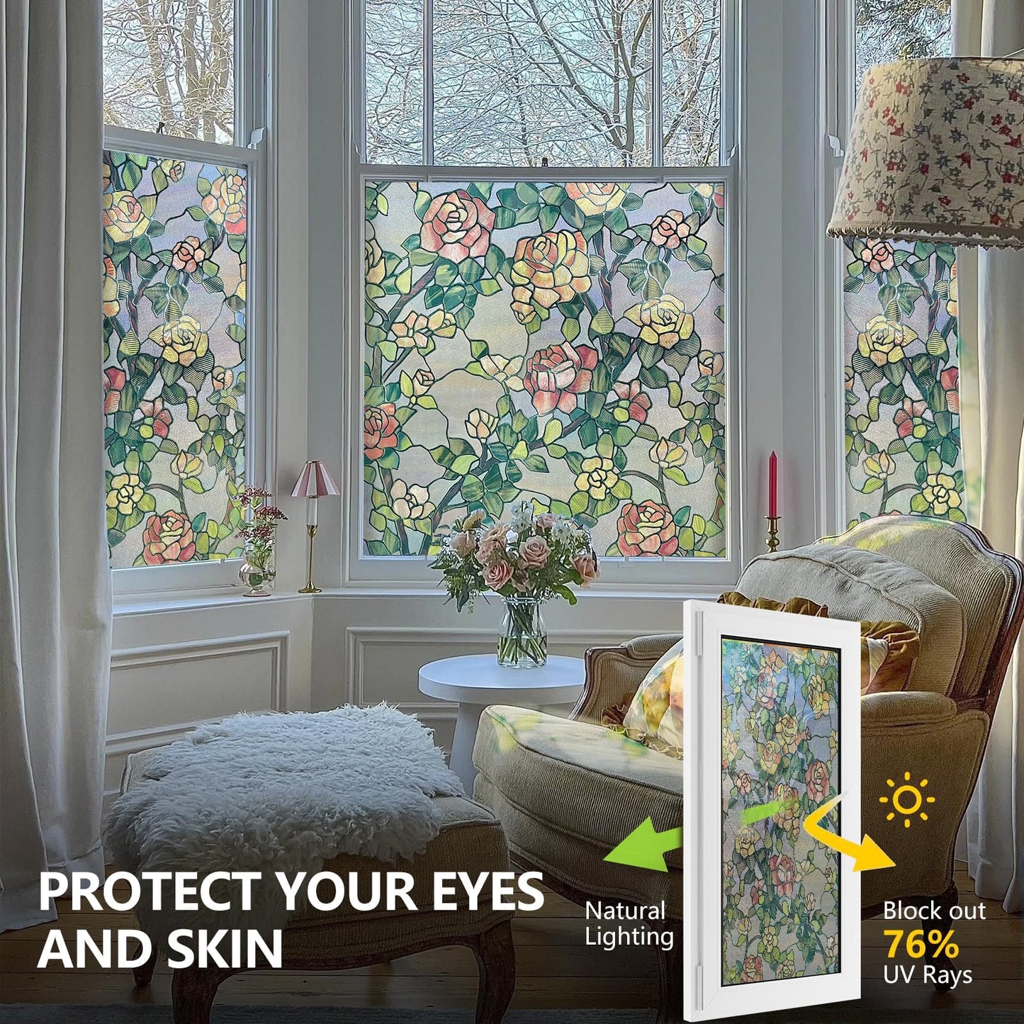 ADD.HERES Stained Glass Window Film, 3D Decorative Window Privacy Film for Bathroom,Front Door,Home, Sun Blocking Heat Control,Static Cling, The Beast's Rose 17.3inch x 47.2inch