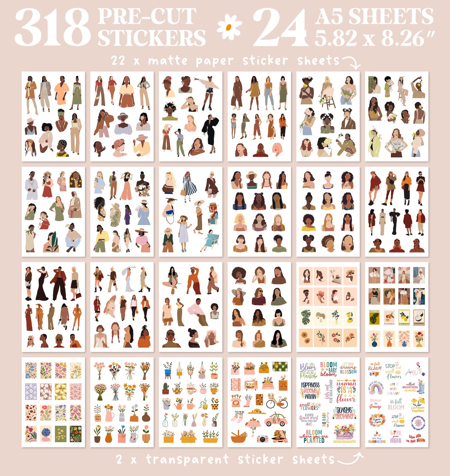 People Scrapbook Sticker Set - 318 Journaling Scrapbooking Stickers. Planner Sticker Dolls with Diverse Girls & Black Women, Flowers, and Quotes