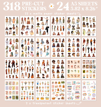People Scrapbook Sticker Set - 318 Journaling Scrapbooking Stickers. Planner Sticker Dolls with Diverse Girls & Black Women, Flowers, and Quotes