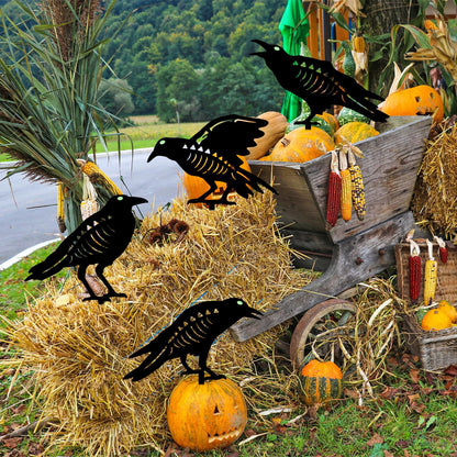 Hokfirm Halloween Black Crow Garden Stake Decor 4 Pack Scary Raven Silhouette Metal Yard Signs with Glow-in-The-Dark Eyes for Outdoor Halloween Decorations (Crow Black)