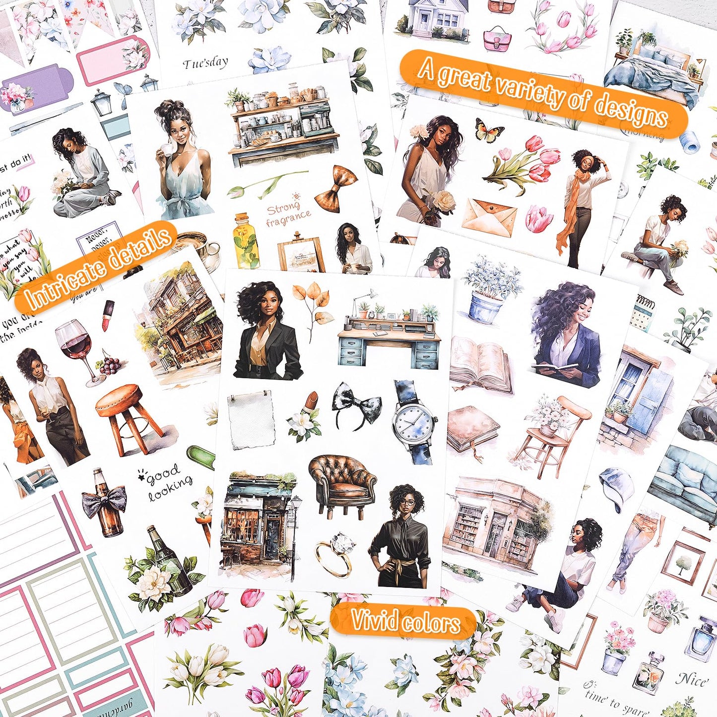 Dizdkizd Pre-Cut Journaling Sticker Book, 20 Sheets - 270 PCS Fashion Colored Women Planner Decals, PET & Paper Scrapbook Sticker Set Bullet Junk Journal Supplies