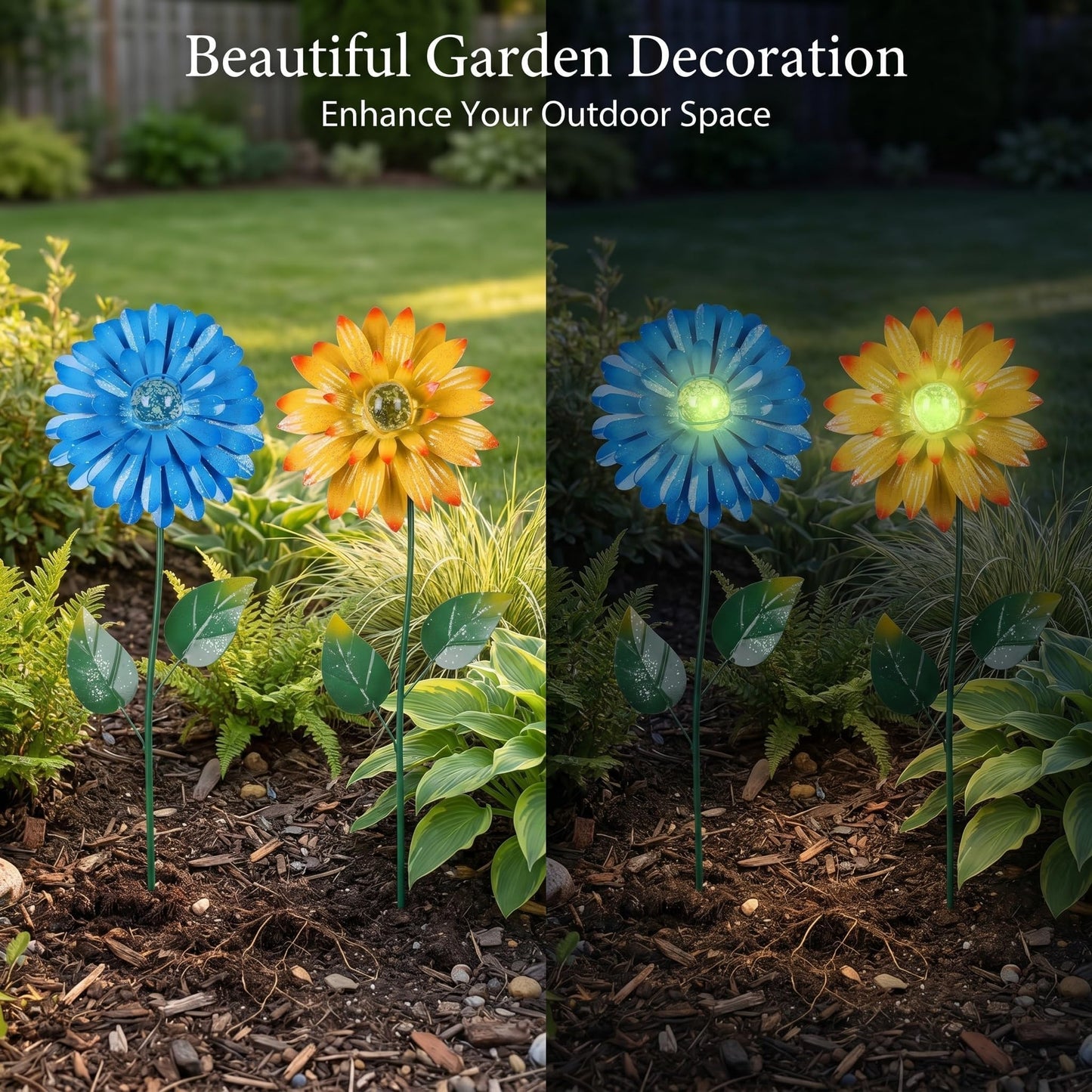 Topadorn 25 Inch Floral Garden Stake Decor,Outdoor Plant Pick Water Proof Metal Flower Stick for Lawn Yard Patio,Pathway Ornament,Set of 2