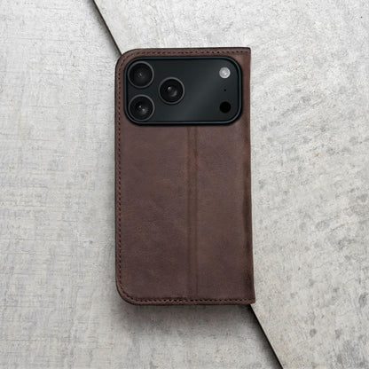 Porter Riley - Leather Case Compatible with iPhone 17 Pro Max. Premium Genuine Leather Stand/Cover/Wallet/Flip Case with Card Slots & Horizontal Stand (Chocolate Brown)