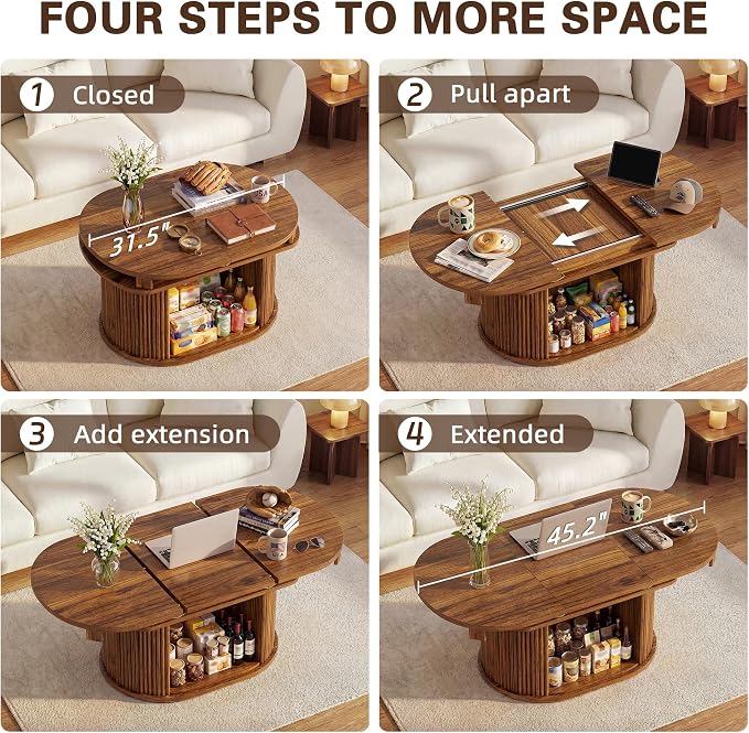YESHOMY 45.2" Extendable Coffee Table with Storage, Fluted Oval Coffee Table with Sliding Door, Mid Century Modern Center Table for Living Room, Walnut