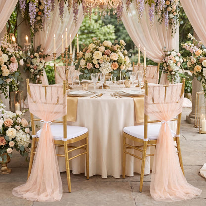 QueenDream Wedding Chair Sashes Aisle Decorations: Champagne Pearls Chair Cover 16 Pack 8FT Long Tulle Draping Fabric Reception Church