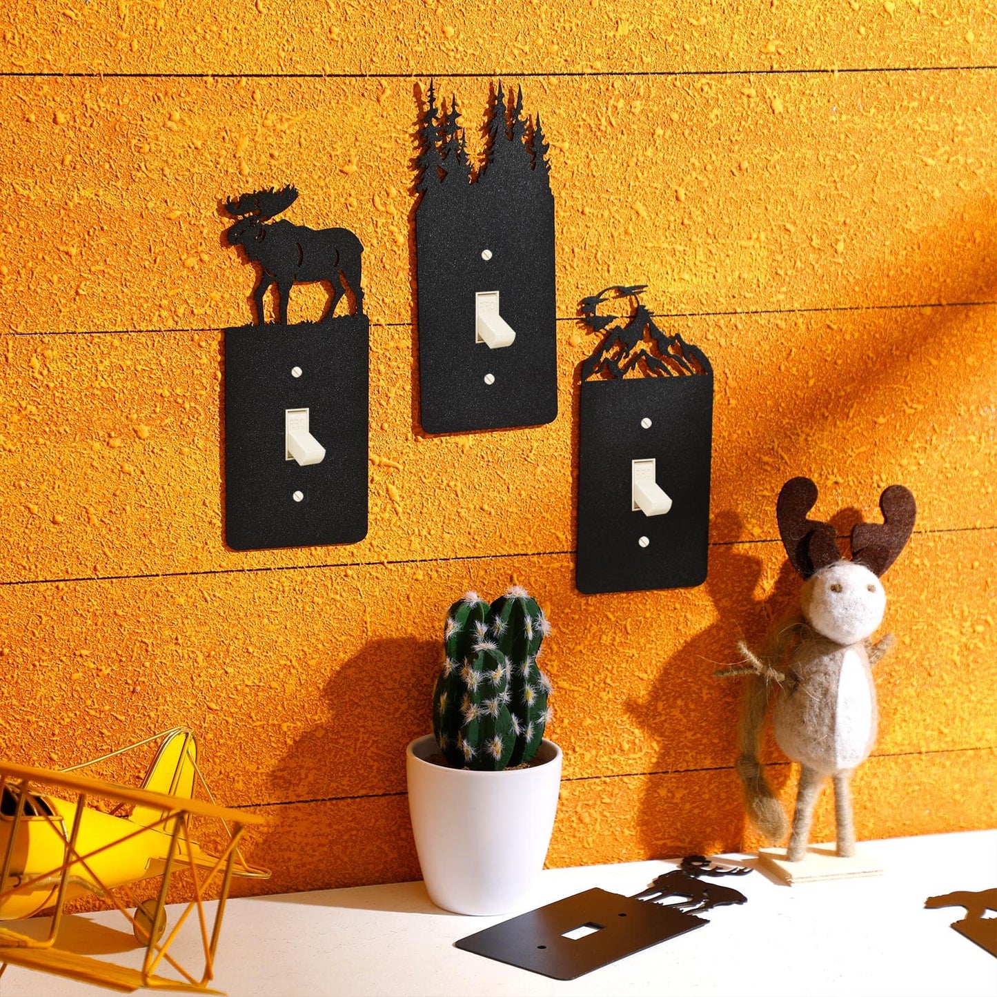 Kingdder 12 Pcs Metal Bear Light Switch Cover Moose Tree Mountain Elk Black Light Switch Plate Forest Outlet Toggle Wall Plate Cover for Home Single Gang Socket(Vintage Style)