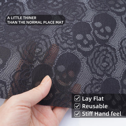 6pcs Placemats- Black lace Placemats 12 * 17 inches fo Halloween Decor, Skull Rose Design Dinning Table mats for Cocktail Party, Halloween, Wedding, Tea Party and Home Decor Projects. (6 pcs)