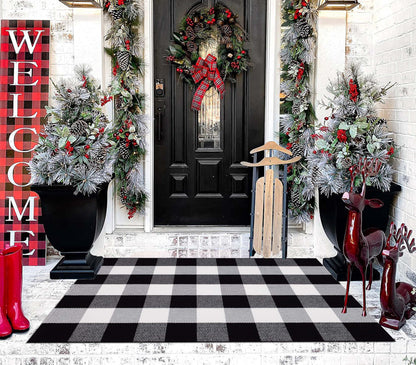 Buffalo Plaid Outdoor Rug 27.5''x 43.3''Black and White Checkered Rug Cotton Machine Washable Farmhouse Mat for Outdoor, Kitchen, Farmhouse, Entryway,Bathroom