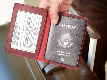 RFID-Blocking Genuine Leather Passport Holder - Travel Document Organizer Wallet for Men & Women, Durable Slim Travel Accessories with Card Slots (Wine Red)