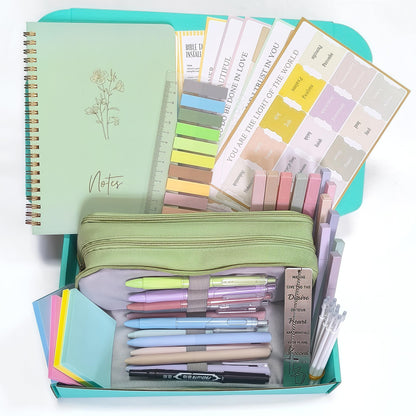 47Pcs Bible Study Supplies Journaling Kit with Large Pencil Case, Notebook, No-bleed Highlighters and Pens,Bible Bookmark Tabs Stickers, Book Study Annotation Kit for Women and Students,Green