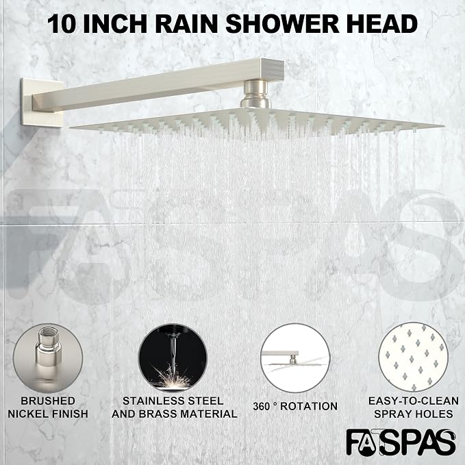 Brushed Nickel Shower System with 10-Inch Rain Showerhead and Tub Spout | cUPC-certified pressure balance brass valve to prevent scalding, CEC-certified air injection technology for low pressure