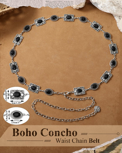 JKEEMI Women Western Concho Chain Belt Vintage Rhinestone Gems Boho Metal Waist Chain Jeans Dress Daily Concert Halloween