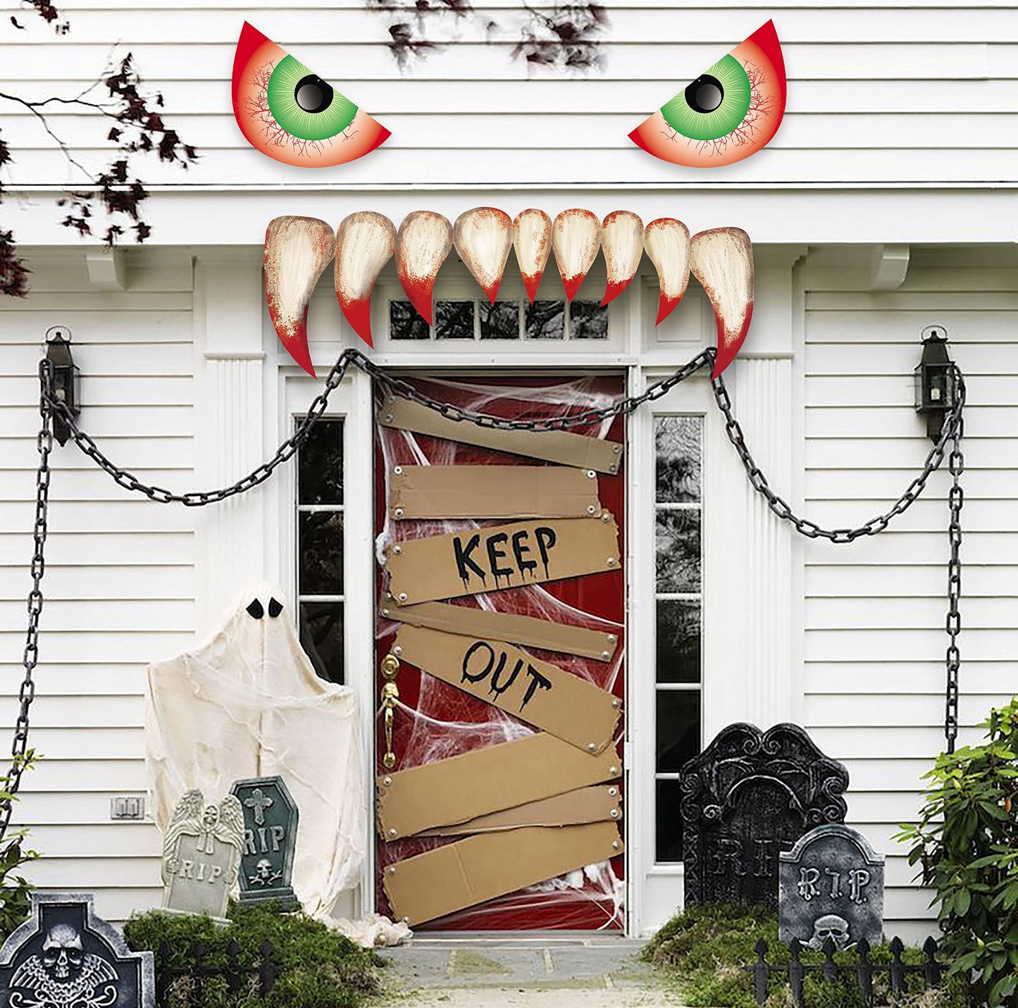 Large Size Halloween Garage Door Decorations 25.59inches - Monster Face House Archway Outdoor Decor with LED Eyes Teeth (Assembly Needed)