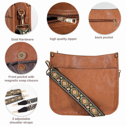 Cross Body Bag Purses for Women with Guitar Strap, Trendy Vegan Faux Leather Shoulder Bag Designer Handbag with 2 Strap (Brown)