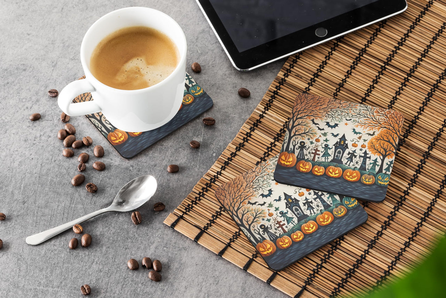 Caroline's Treasures Papel Picado Skeletons Spooky Halloween Foam Coaster Set of 4 Cup Coasters for Indoor and Outdoor, Coaster for Tabletop Protection, Anti Slip, Mouse pad Material