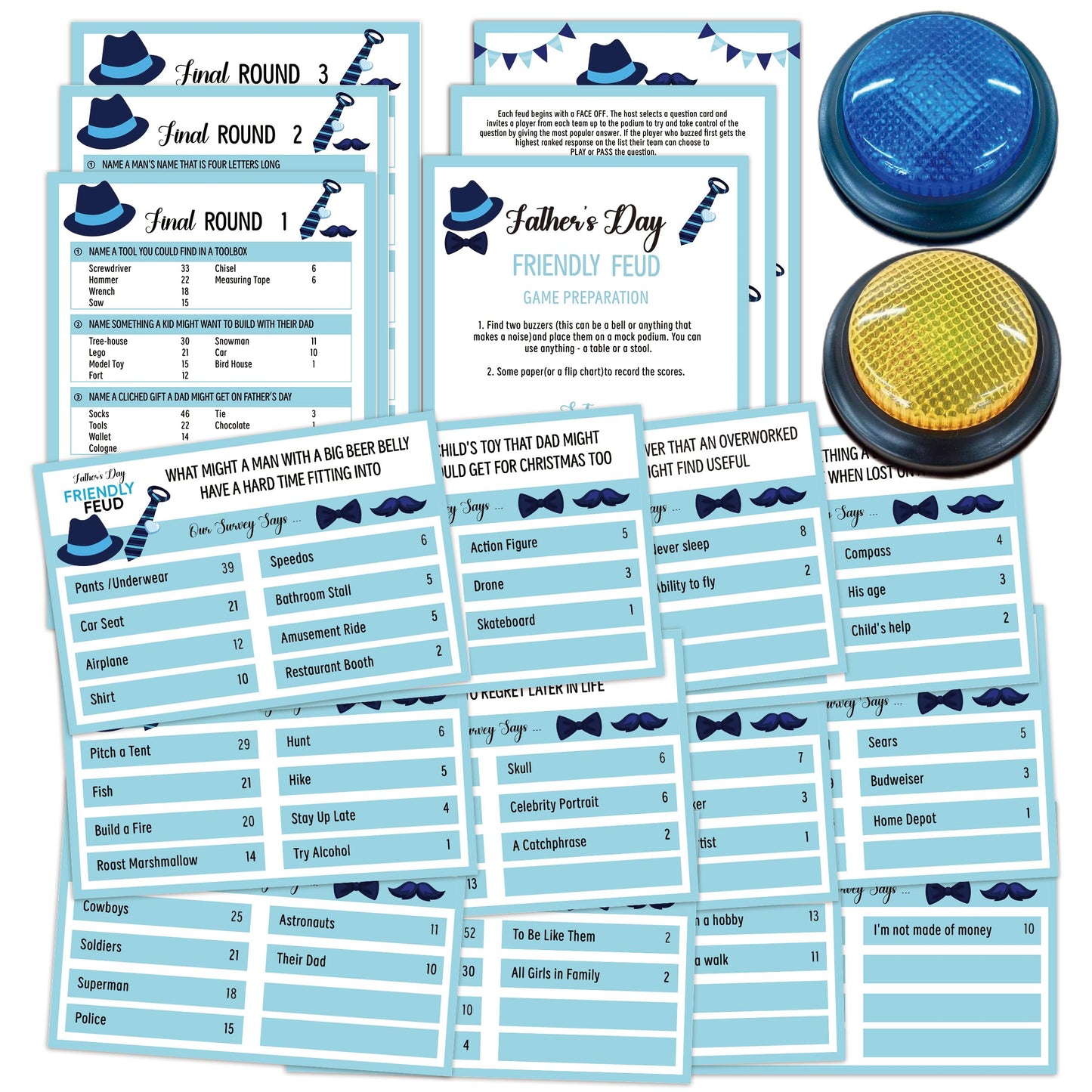 OXEDP Father's Day Games, Friendly Feud Game with Buzzers, Family Games for Father's Day, Family Feud Quiz, Fathers Day Party Ideas Blue Decoration -FGWB01