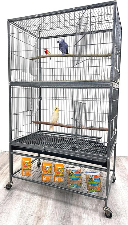 X-Large Sturdy Wrought Iron Breeding Flights Canary Parakeet Cockatiel African Grey Lovebird Finches Parrot Home Cage Double Large Front Doors 4 Side Doors Bottom Storage Shelf On Lockable Wheels