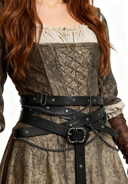 Koalswm Medieval DIY Waist Belt Adjustable Metal Chain for Women Vintage PU Belts Cosplay Renaissance (Black)